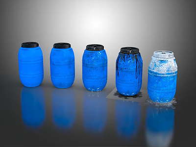 Five Blue Containers With Sealed Barrels And Transparent Jar Containing Ice Cubes And Spilled Liquid 3d model