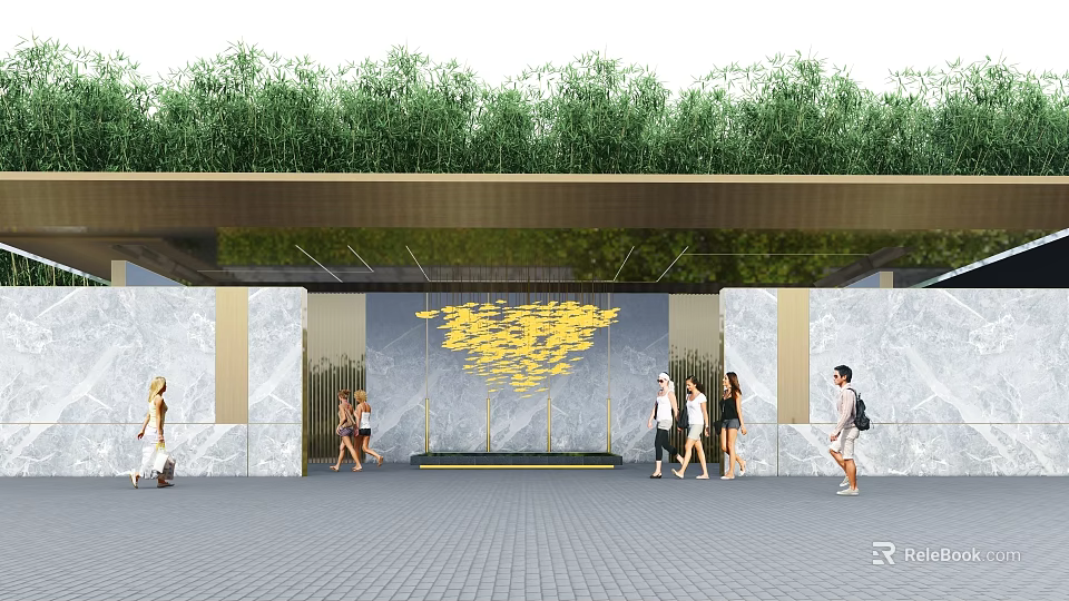 Building Exterior Wall Featuring Green Plant Covered Overhead Marble Panels Yellow Decorations And Pedestrians Walking 3d model 