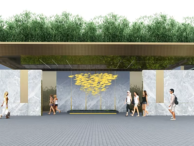 Building Exterior Wall Featuring Green Plant Covered Overhead Marble Panels Yellow Decorations And Pedestrians Walking 3d model