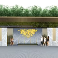 Building Exterior Wall Featuring Green Plant Covered Overhead Marble Panels Yellow Decorations And Pedestrians Walking