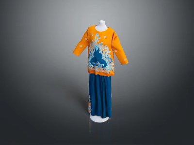 Man Wearing Stylish Orange Top With Blue Pattern And Blue Trousers Outfit 3d model