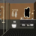 Modern Bathroom Interior With Golden Mirror Sink Cabinet Checkerboard Tiles And Warm Lighting