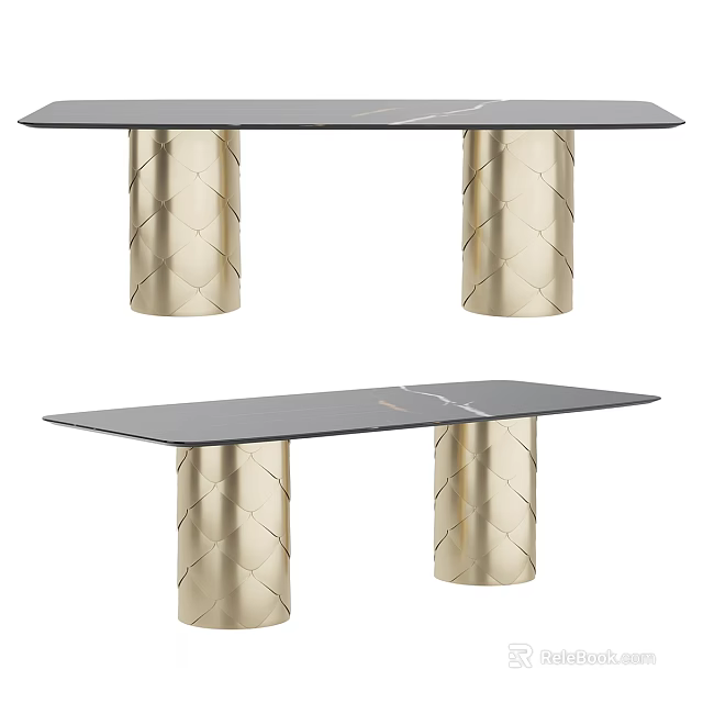 Modern Dining Table With Black Rectangular Tabletop And Golden Textured Legs Design 3d model