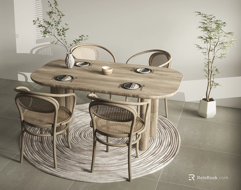 Minimalist Wooden Round Dining Table Set With Rattan Back Chairs Woven Rug And Green Plant 3d model 