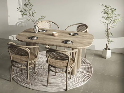 Minimalist Wooden Round Dining Table Set With Rattan Back Chairs Woven Rug And Green Plant 3d model