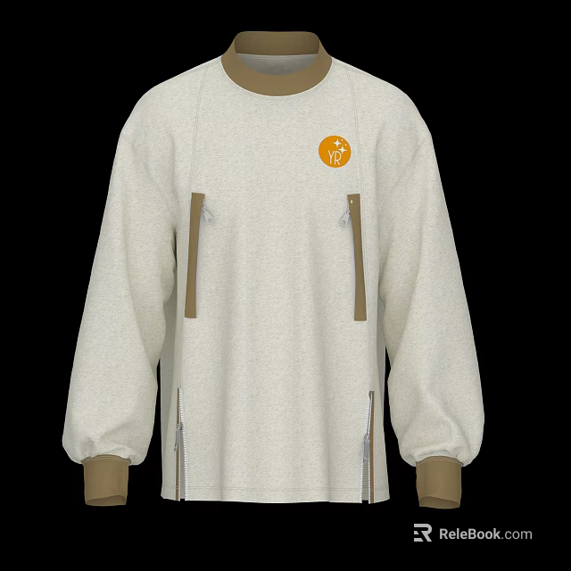 Light Gray Loose Fit Sweater with Brown Trim Orange Circular Logo and Brown Zipper Pockets 3d model 