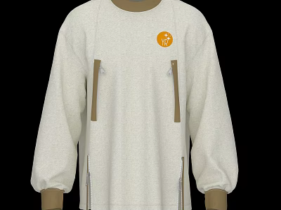 Light Gray Loose Fit Sweater with Brown Trim Orange Circular Logo and Brown Zipper Pockets 3d model