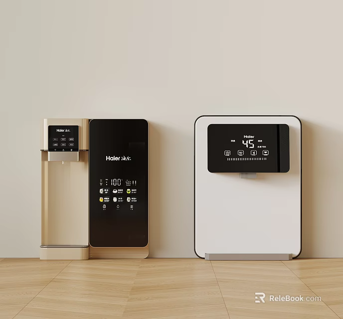 Gold Black And White Water Dispensers With Digital Time Display Screens 3d model 