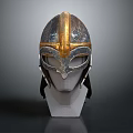 Viking Warrior Helmet With Gold And Silver Decoration And Medieval Style Display Stand