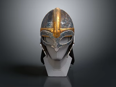 Viking Warrior Helmet With Gold And Silver Decoration And Medieval Style Display Stand 3d model