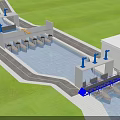 Industrial Equipment Arrangement Along Water Basin With Blue Support Structures And Processing Units
