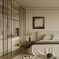 Minimalist Bedroom Interior With Large Window Wooden Floor And Decorative Painting