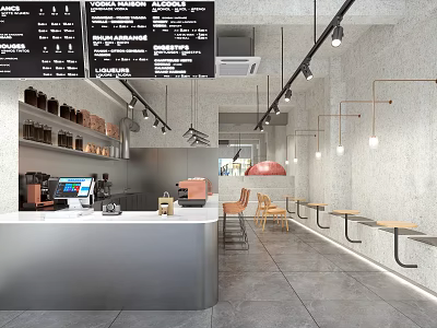 Modern Café Interior With Counter Coffee Machine Seats And Lighting Fixtures 3d model