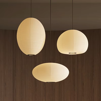 Minimalist Modern Three Paper Pendant Lights Hanging Over Wooden Wall Interior Design 3d model