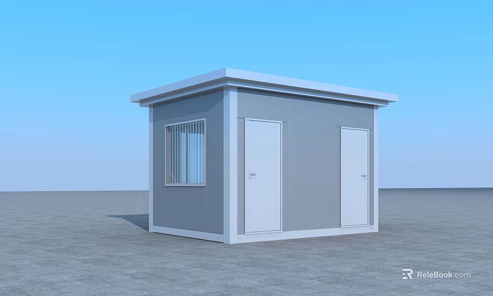 Small Gray Modular Prefab Cabin With Two Doors And Barred Window 3d model 