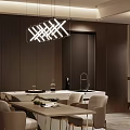 Modern Restaurant Interior With Marble Dining Table Beige Chairs Wooden Panels And Pendant Lights