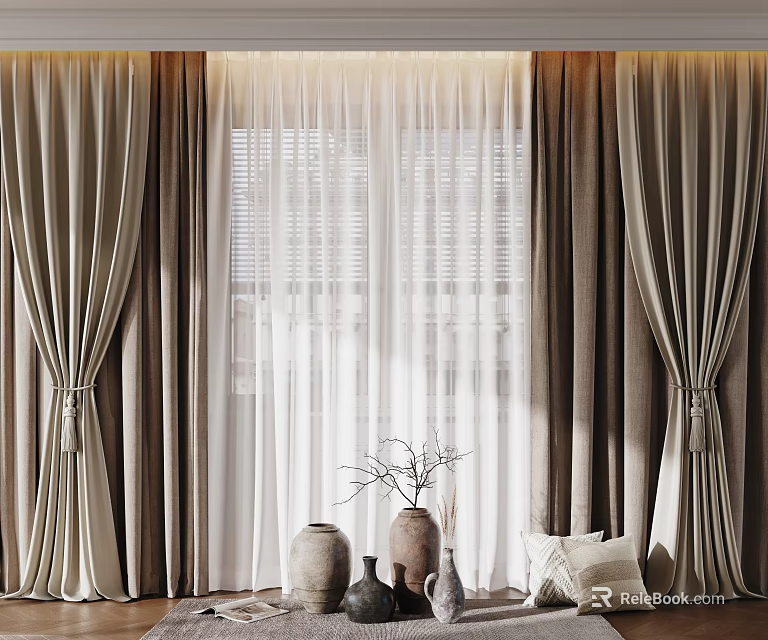 Elegant Double Layer Beige Curtain For Living Room Window With Tiebacks Vases And Sunlight 3d model 