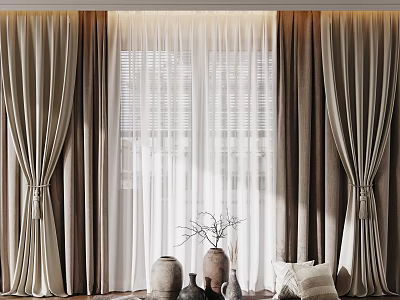 Elegant Double Layer Beige Curtain For Living Room Window With Tiebacks Vases And Sunlight 3d model
