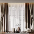 Elegant Double Layer Beige Curtain For Living Room Window With Tiebacks Vases And Sunlight
