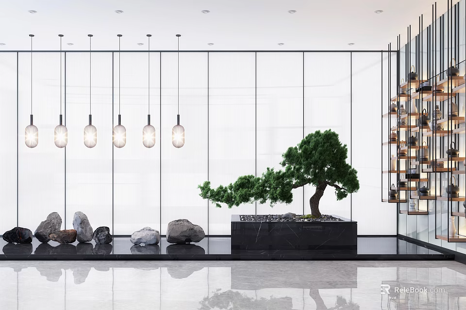 Modern Interior Garden Feature With Green Pine Tree Stones Black Base Hanging Lights And Glass Wall 3d model 