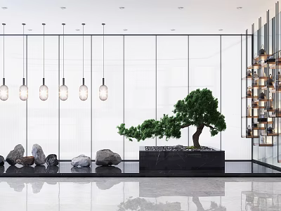 Modern Interior Garden Feature With Green Pine Tree Stones Black Base Hanging Lights And Glass Wall 3d model