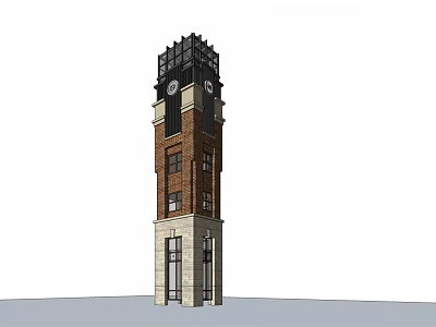 Historic Brick Clock Tower With Black Top Design And Glass Entrance Windows 3d model