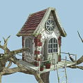 Cute Treehouse On Tree With Red Roof White Walls Wooden Ladder And Green Grass