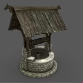 Traditional Garden Ornament Well With Wooden Shingle Roof And Stone Circular Base
