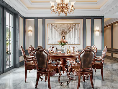 Elegant Restaurant Dining Area With Classic Chandelier Carved Wooden Table Leather Chairs And Marble Floor 3d model