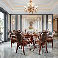 Elegant Restaurant Dining Area With Classic Chandelier Carved Wooden Table Leather Chairs And Marble Floor