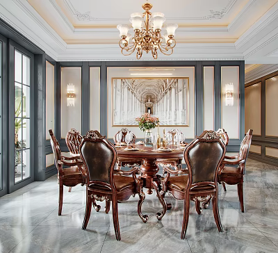 Elegant Restaurant Dining Area With Classic Chandelier Carved Wooden Table Leather Chairs And Marble Floor 3d model