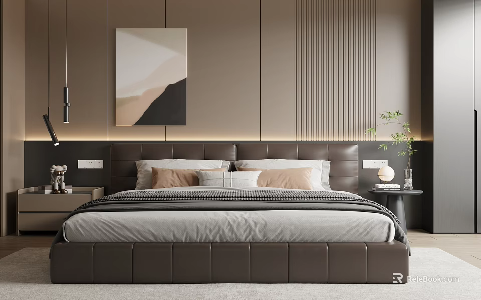 Modern Double Bed Background with Leather Headboard Striped Wall Nightstands Table Lamps and Green Plant 3d model 