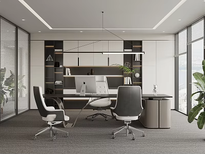 Elegant Modern Office Interior With Wooden Desk Ergonomic Chairs Green Plants And Shelves 3d model