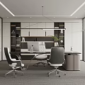 Elegant Modern Office Interior With Wooden Desk Ergonomic Chairs Green Plants And Shelves