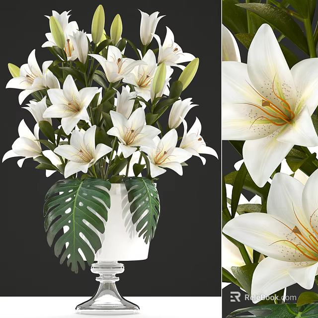Elegant White Lily Bouquet In Ceramic Vase With Green Monstera Leaves 3d model 