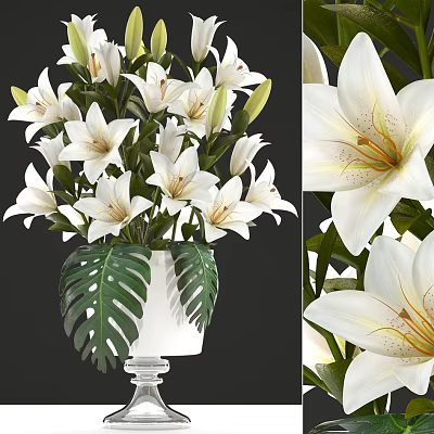 Elegant White Lily Bouquet In Ceramic Vase With Green Monstera Leaves 3d model