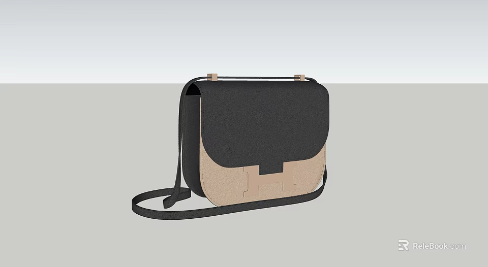 Stylish Black And Beige Crossbody Bag With H Shaped Buckle And Adjustable Strap 3d model 