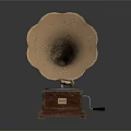 Antique Phonograph With Polished Brass Horn Wooden Base And Vinyl Record