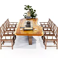 Solid Wood Long Tea Table With Matching Chairs And Tea Set Potted Plant 3d model