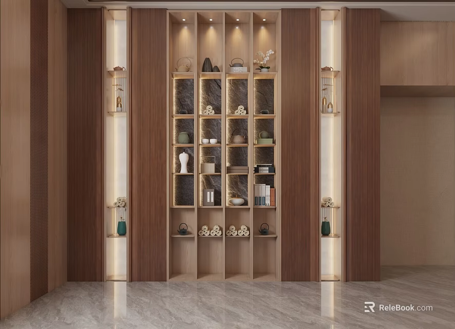 Modern Wooden Decorative Cabinet With Glass Doors Built in Lighting And Decorative Items 3d model 