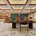 Specialty Store Interior With Display Counters Shelves Hexagonal Tiled Floor And Decorative Ceiling 3d model