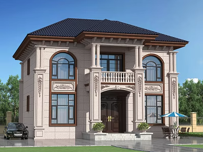 Two Story Detached Villa With Stone Facade Arched Windows Columns And Black Roof 3d model