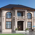Two Story Detached Villa With Stone Facade Arched Windows Columns And Black Roof