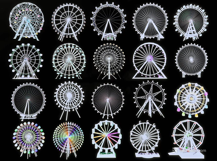 Colorful Ferris Wheel Designs with Various Styles for Amusement Park Rides 3d model 