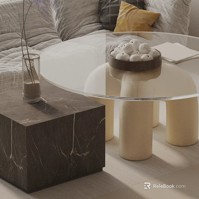 Modern Minimalist Sofa And Coffee Table Set With Glass Top Marble Side Table Decorative Pillows 3d model 