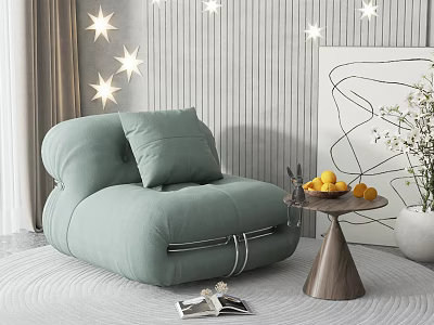 Cozy Light Green Single Sofa with Star Decorative Lights Side Table Fruits and Magazines 3d model