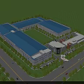 Industrial Factory Building With Blue Roof Green Lawn And Trees Surrounding Roads