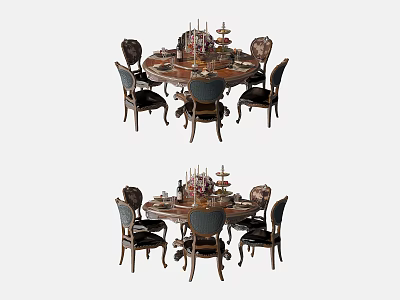 Elegant Classical Dining Table Set With Round Tabletop And Upholstered Chairs Centerpiece Decorations 3d model