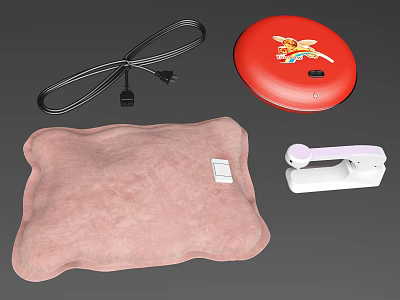 Household Living Essentials Including Plush Hot Water Bag Red Heating Pad Power Cord And Mini Tool 3d model