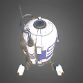 Worn White Blue Mechanical Robot With Circular Sensors Red Scratches And Legs